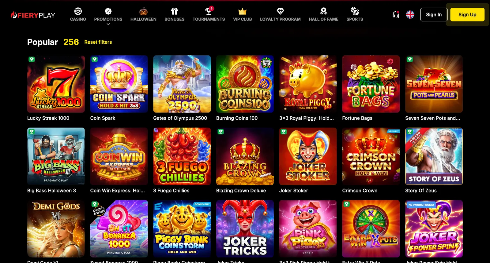Lobby gier kasyna FieryPlay z popularnymi automatami online i kategoriami slotów