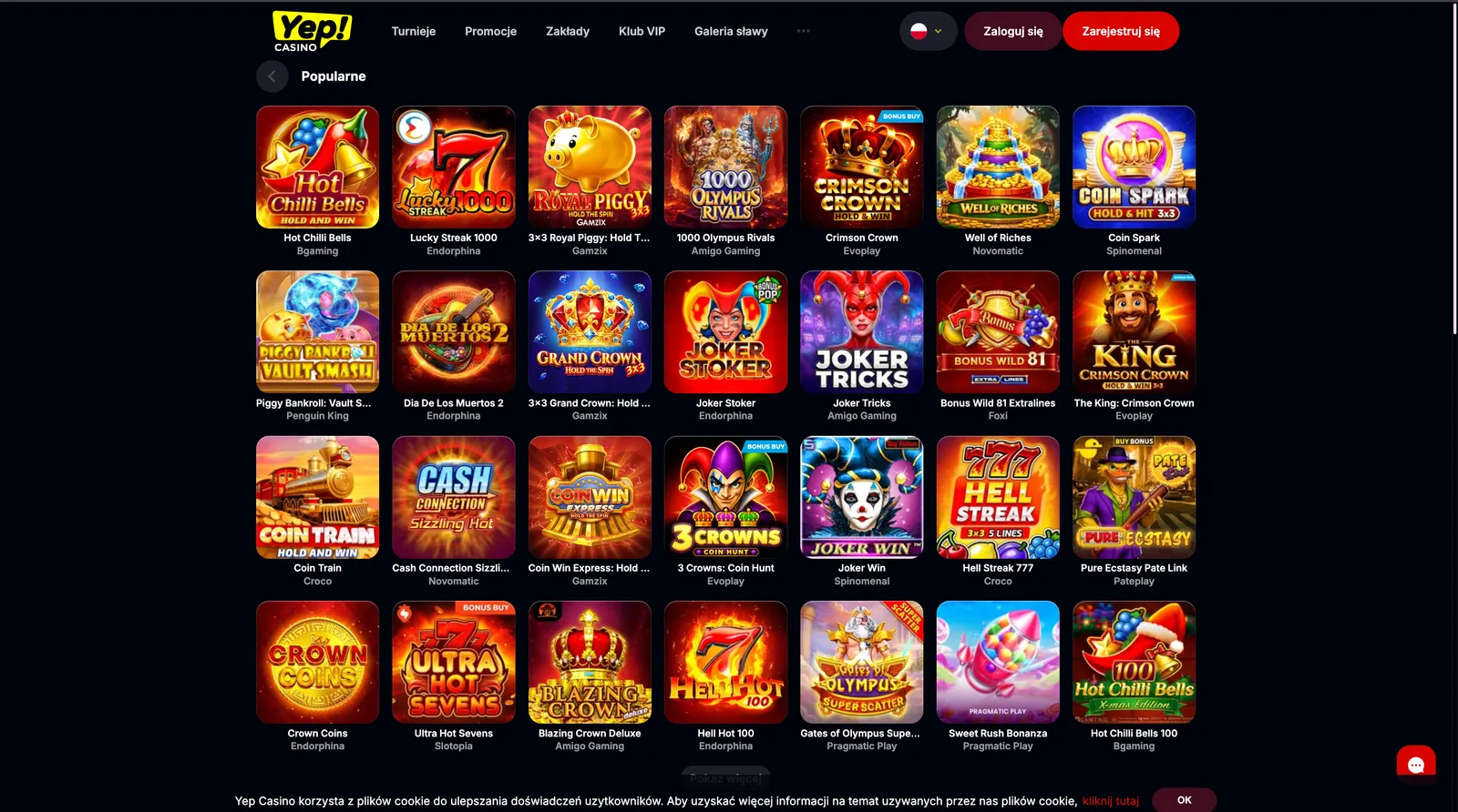 Katalog popularnych automatów slotowych i gier kasynowych w Yep! Casino